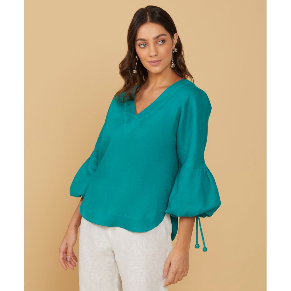 Blusa de linho Catarina Cor: Verde Esmeralda - Tamanho: M